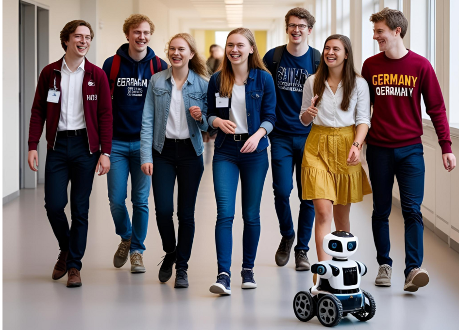 A group of cheerful students stroll along a corridor at the university. A small robot is travelling in front of them