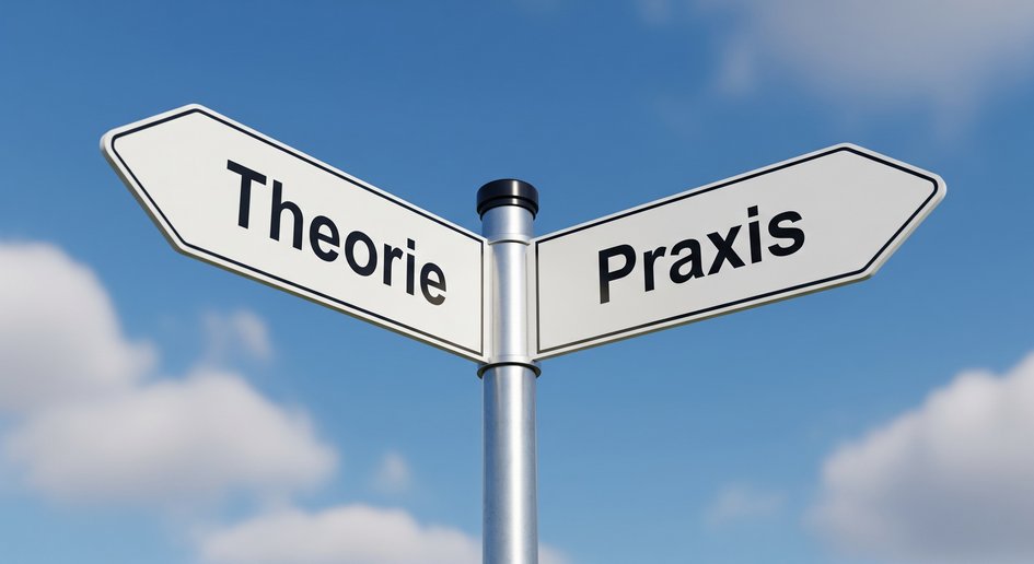 Ein Wegweiser vor einem blauen Himmel hat zwei Pfeilschilder, die in entgegengesetzte Richtungen zeigen. Das linke Schild trägt die Aufschrift "Theorie", das rechte die Aufschrift "Praxis".