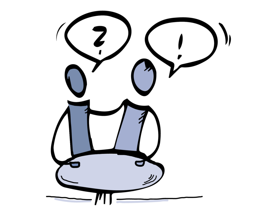 Zeichnung von zwei Personen am Tisch, die sich austauschen. Die eine hat ein Fragezeichen, die andere ein Ausrufezeichen über dem Kopf.