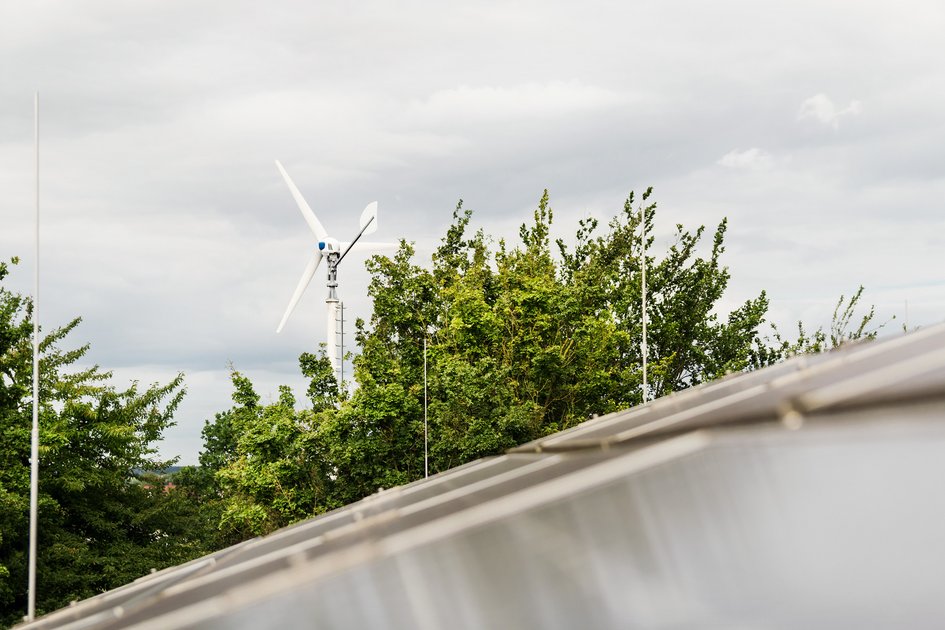 Inmitten von Baumkronen erstreckt sich ein Testwindrad. Im Vordergrund sind unscharfe Solarpanels zu erkennen.