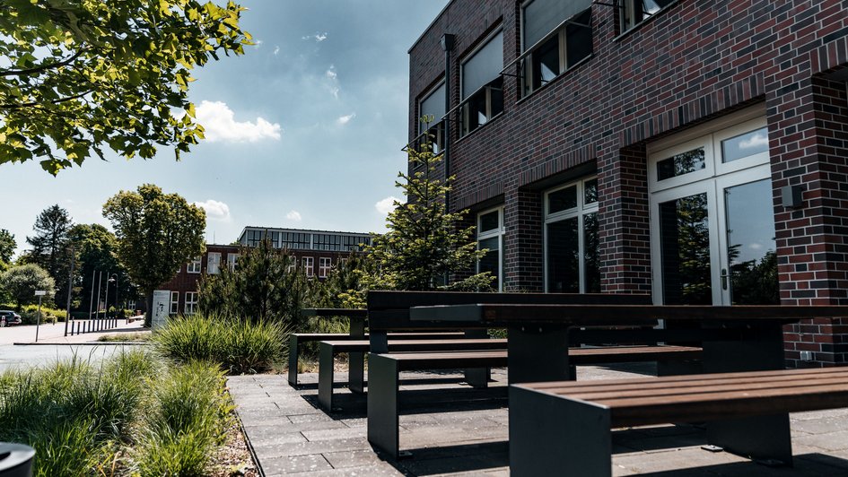 Blick auf das B-Gebäude (rechts), Pflanzen (links), im Hintergrund das A-Gebäude und blauer Himmel