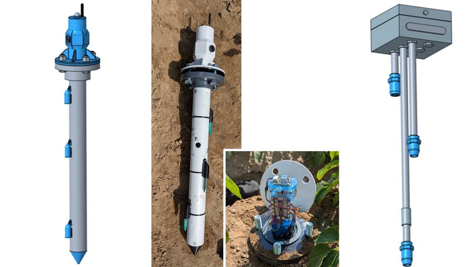 Die Abbildung zeigt die beiden eigens entwickelten low-cost Bodensensoren. In drei Tiefen können die Eigenschaften des Bodens gemessen werden (Temperatur und Feuchte). 