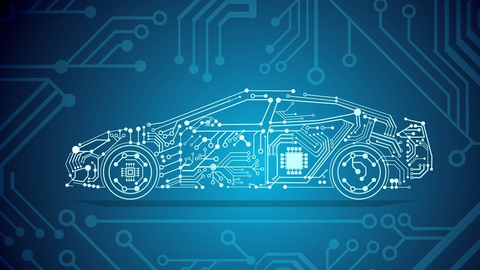 Grafische Darstellung eines Fahrzeugs mit integrierten Schaltkreisen, symbolisierend die Digitalisierung in der Fahrzeugtechnik.