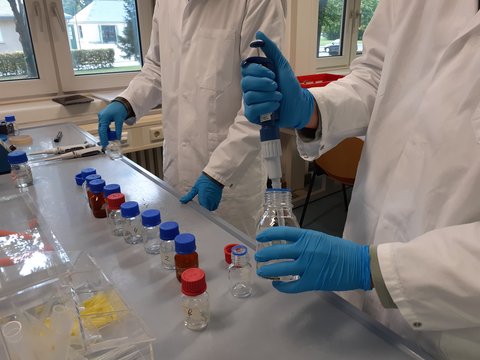 Ausschnitt von Studierenden, die den Nährstoffen von Wasserproben bestimmen.