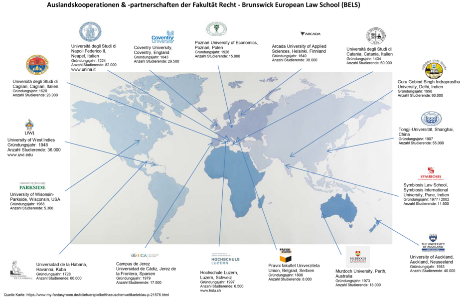 Weltkarte, auf der die Partnerhochschulen der BELS verzeichnet sind.