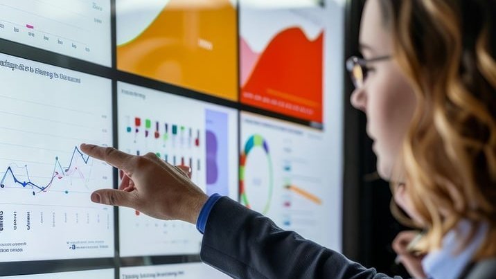 Decorative: Frau points to charts and graphs on a large screen showing various market research data such as surveys and sales analyses.