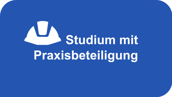 Blue background with the wording "Study with practical participation" in white and a construction helmet icon