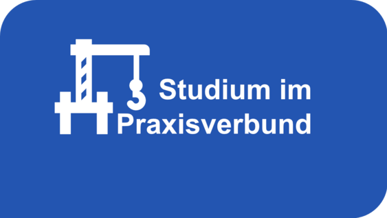 Blue background with wording "Studium im Praxisverbund" in white with Karn icon.