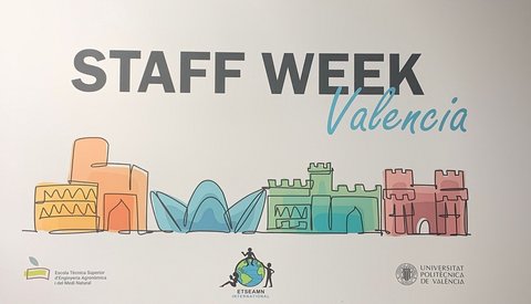 Ein Plakat mit der Aufschrift "Staff Week Valencia". Darunter sind grobe, bunte Skizzen der architektonischen Stadtwahrzeichen angedeutet. (öffnet Vergrößerung des Bildes)