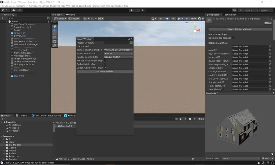 Benutzeroberfläche des IFC-Importers im Editor von Unity (öffnet Vergrößerung des Bildes)