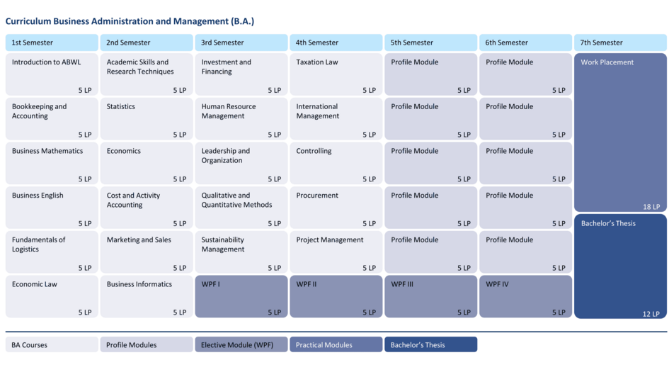 Decorative: Curriculum for the Business Administration and Management degree programme (B.A.) with seven semesters, showing compulsory modules, elective modules, practical phase and Bachelor's thesis with respective credit points. Textual representation can be found directly after this in the curriculum. (opens enlarged image)