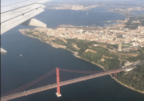 Bird's eye view from an airplane: you can see the panorama of a city and a red bridge