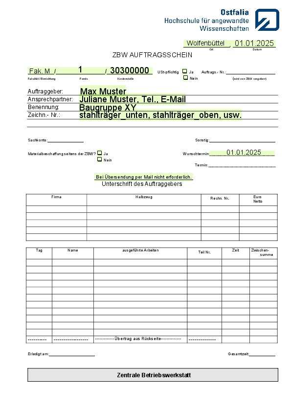 Ausgefülltes Beispiel für einen Auftragsschein (öffnet Vergrößerung des Bildes)