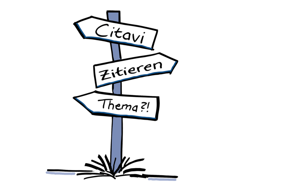 Zeichnung eines Wegweisers mit den Schildern "Citavi", "Zitieren" und "Thema?!"