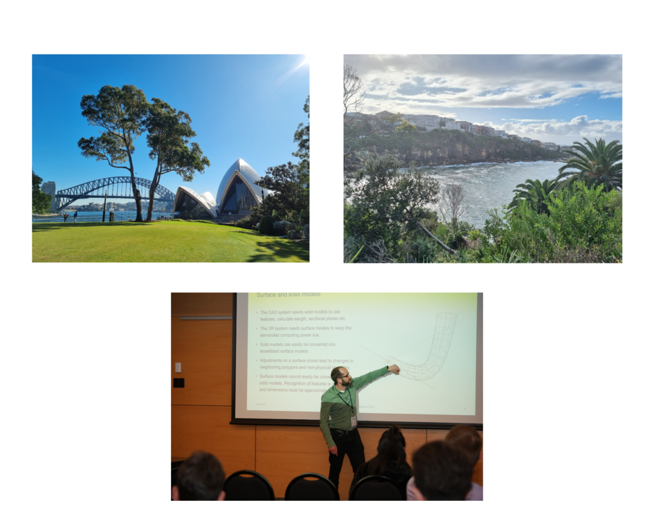 Collage aus drei Bildern. Das erste Bild zeigt eine Parkszenerie hinter dem Sydney Opernhaus. Das zweite Bild zeigt Palmen am Meer. Das dritte Bild zeigt eine Person vor einer Präsentation