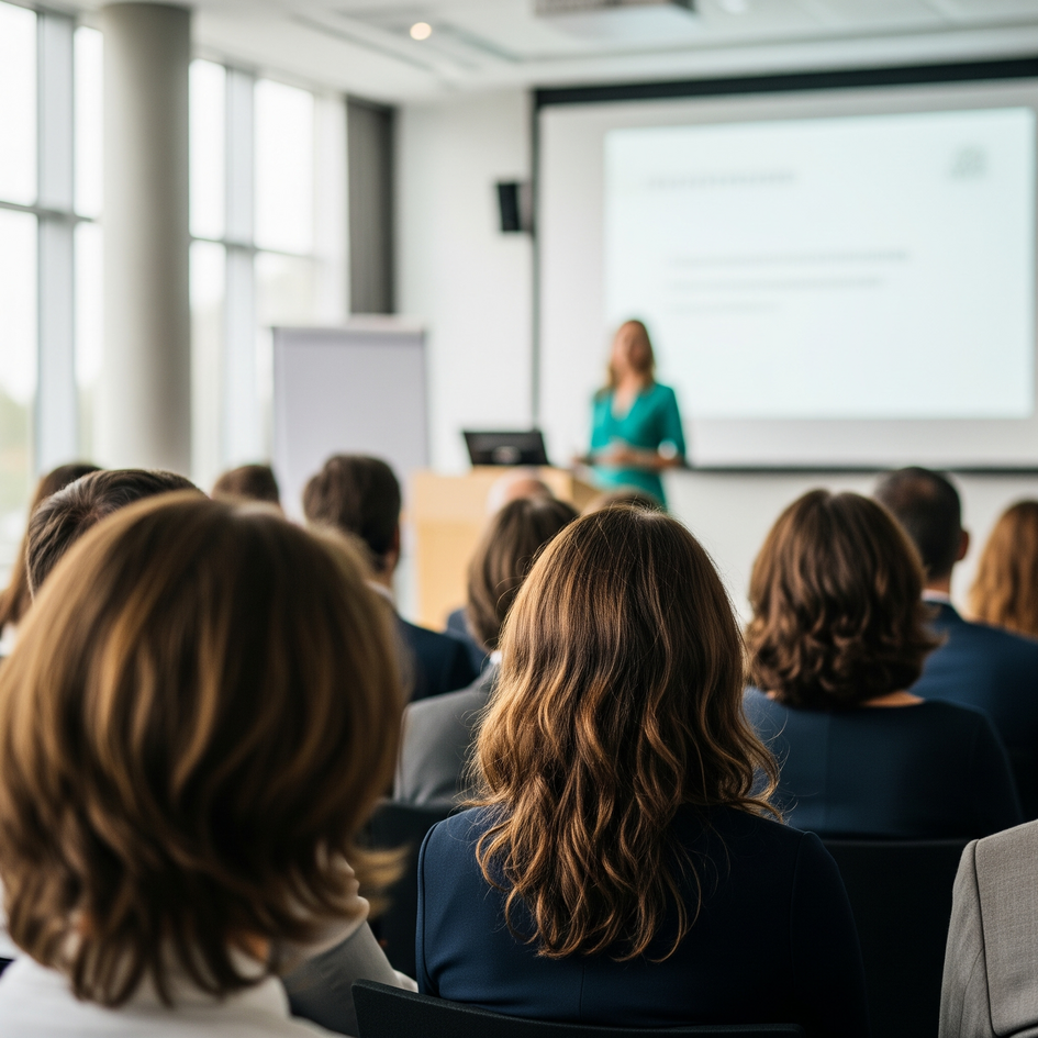 Studierende sitzen in einem Saal und schauen auf einen großen Monitor