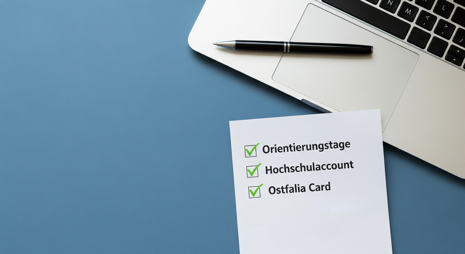 Ein Symbolbild mit einem Laptop, einem Kugelschreiber und einer Checkliste, auf der Orientierungstage, Hochschulaccount und Ostfalia Card steht.