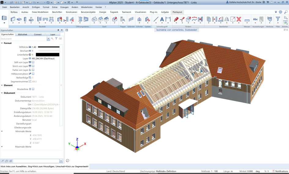 Benutzeroberfläche von Allplan mit einem Modell des A-Gebäudes am Campus Suderburg der Ostfalia Hochschule (öffnet Vergrößerung des Bildes)