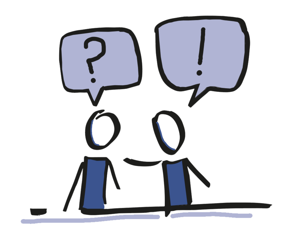 Zeichnung von zwei Personen. Eine mit einem Fragezeichen, die andere mit einem Ausrufezeichen über dem Kopf.