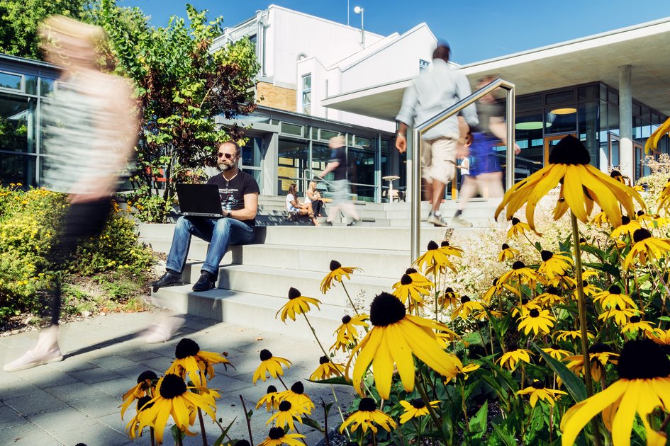 Personen bewegen sich über den Ostfalia-Campus. Sie erscheinen durch die Bewegung verschwommen. Auf einer Treppe, umrahmt von gelben Blumen, sitzt ein Mann mit seinem Laptop