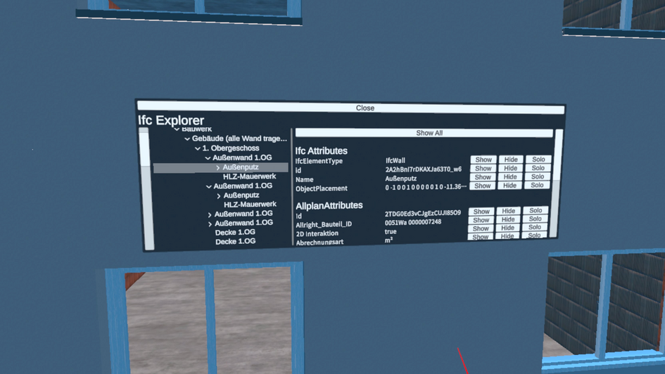 Benutzeroberfläche des IFC-Gnerators in der VR-Brille (öffnet Vergrößerung des Bildes)