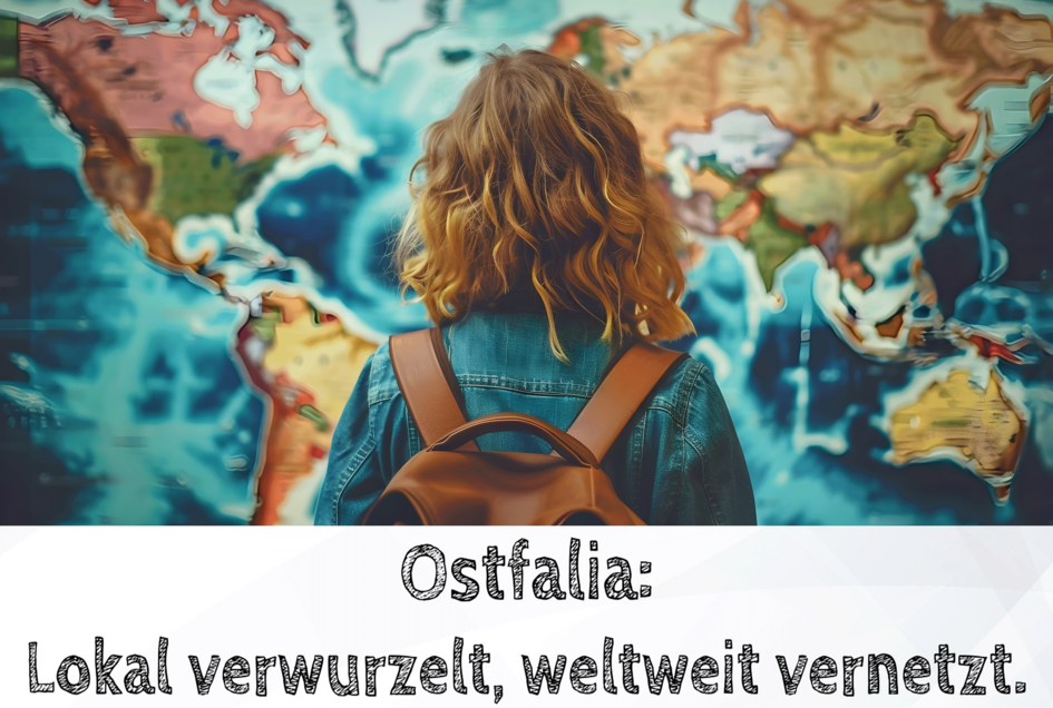 „Eine Frau blickt auf eine Weltkarte. Text: ‚Ostfalia: lokal verwurzelt – weltweit vernetzt‘.“