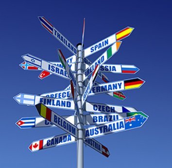 Wegweiser mit weltweiten Zielen.