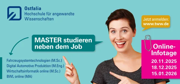 Die Online-Infotage „Master studieren neben dem Job“ der Ostfalia Hochschule für angewandte Wissenschaften informieren über berufsbegleitende Masterangebote und bieten Gelegenheit zum direkten Austausch mit den Studiengangsleitungen.