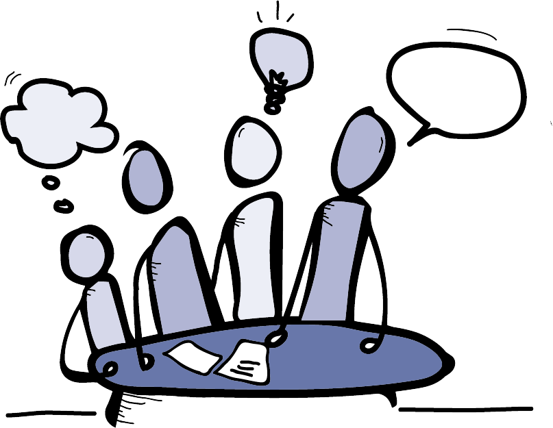 Zeichnung von Personen, die sich an einem Tisch gemeinsam austauschen