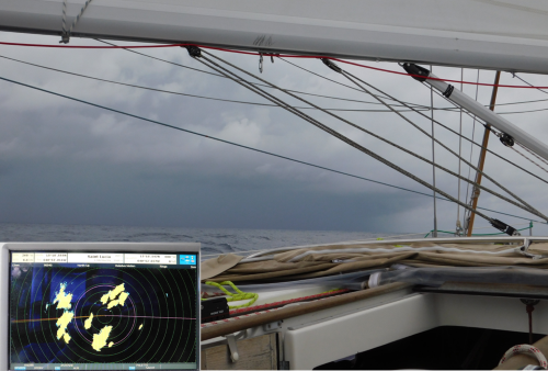 Squalls mit Regen, Wind und teilweise Gewittern, gut erkennbar auf dem Radar